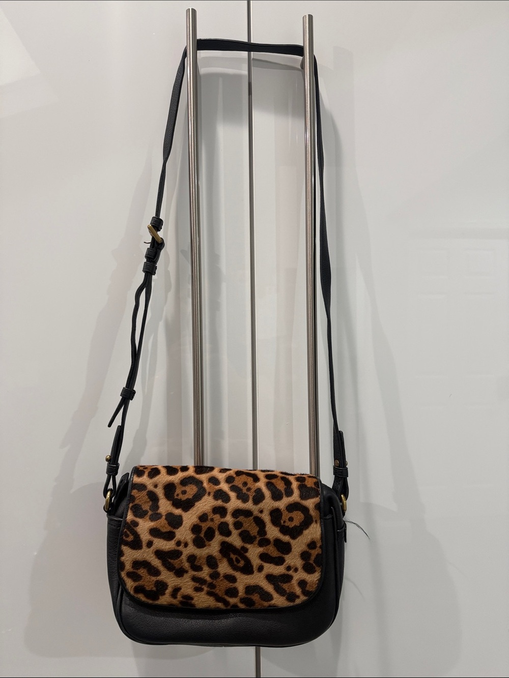 JCREW Leopard Print Flap Crossbody in Black & Tan